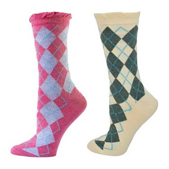 Sparkly Cotton Argyle Crew Socks for Women - 2 -Pair Packs