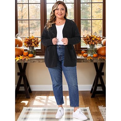 Plus Size Women's Fall Winter Sweater Cardigan Open Front Long Sleeve with Pockets Knit Cardigans