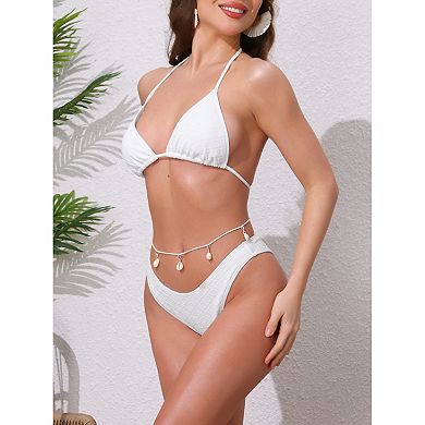 Women's Waffle Knit Halter Bikini Sets, 2Pcs Triangle Bottom with Seashell Waist Rope Swimwear Suits