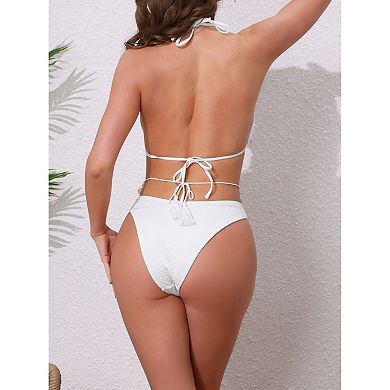 Women's Waffle Knit Halter Bikini Sets, 2Pcs Triangle Bottom with Seashell Waist Rope Swimwear Suits
