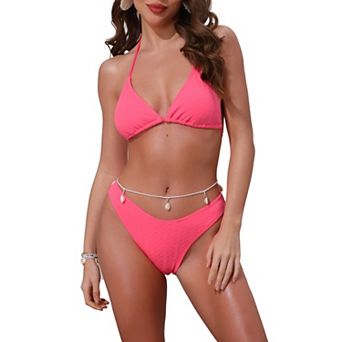 Women's Waffle Knit Halter Bikini Sets, 2 pc Triangle Bottom with Seashell Waist Rope Swimwear Suits