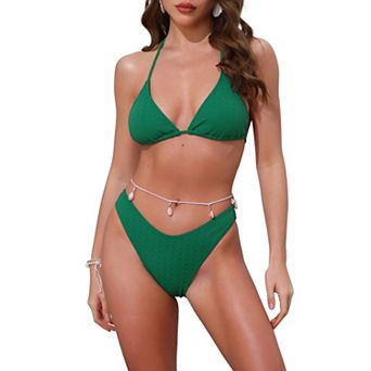 Women's Waffle Knit Halter Bikini Sets, 2 pc Triangle Bottom with Seashell Waist Rope Swimwear Suits