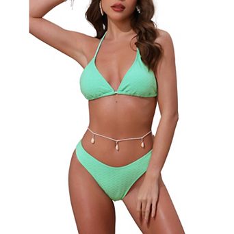 Women's Waffle Knit Halter Bikini Sets, 2 pc Triangle Bottom with Seashell Waist Rope Swimwear Suits