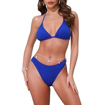 Women's Waffle Knit Halter Bikini Sets, 2 pc Triangle Bottom with Seashell Waist Rope Swimwear Suits