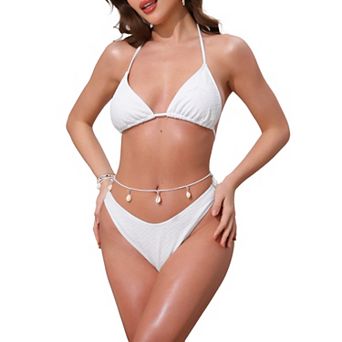 Women's Waffle Knit Halter Bikini Sets, 2 pc Triangle Bottom with Seashell Waist Rope Swimwear Suits