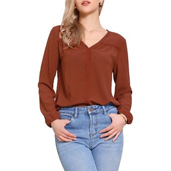 V Neck Blouse for Women Long Sleeves Hollow Lace Trim Top