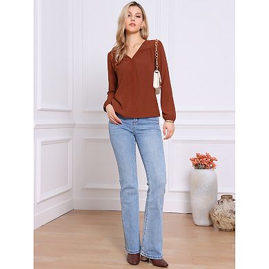 V Neck Blouse for Women Long Sleeves Hollow Lace Trim Top