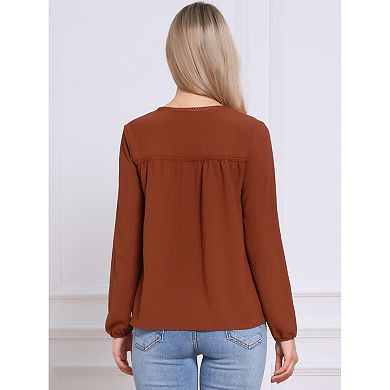 V Neck Blouse for Women Long Sleeves Hollow Lace Trim Top
