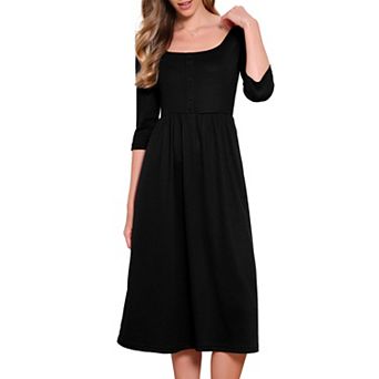 Square Neck Dress for Women 3/4 Sleeves Waffle Knit Midi Dress