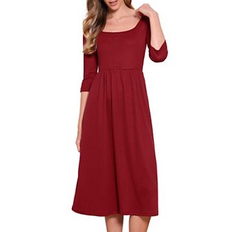 Square Neck Dress for Women 3/4 Sleeves Waffle Knit Midi Dress
