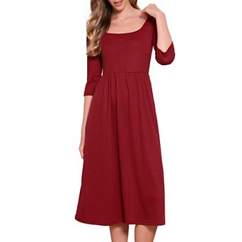 Square Neck Dress for Women 3/4 Sleeves Waffle Knit Midi Dress