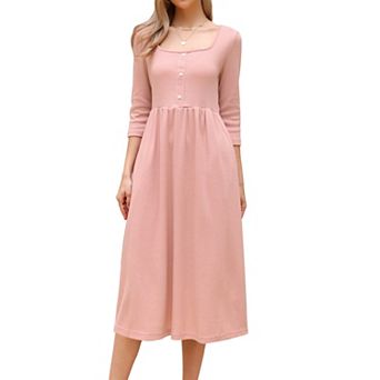 Square Neck Dress for Women 3/4 Sleeves Waffle Knit Midi Dress