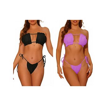 2 Sets Women's Ruffle Pleated Push Up Bikini Sets, High Cut Tie Side String Bikini Swimsuits