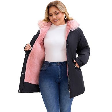 Women's Plus Size Parka Jacket Faux Fur Hood Drawstring Waist Fleece Lined Zipper Winter Coat