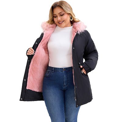 Women's Plus Size Parka Jacket Faux Fur Hood Drawstring Waist