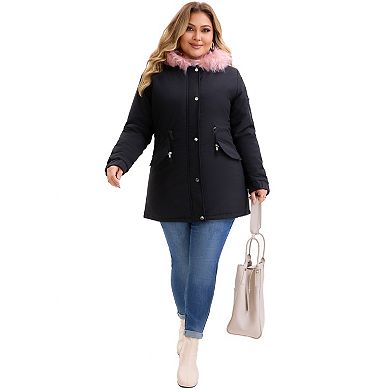 Women's Plus Size Parka Jacket Faux Fur Hood Drawstring Waist Fleece Lined Zipper Winter Coat