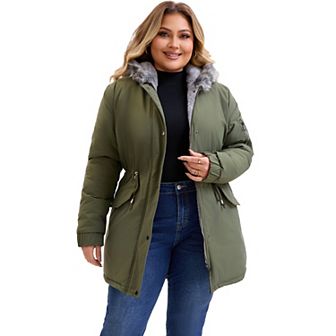 Women's Plus Size Parka Jacket Faux Fur Hood Drawstring Waist Fleece Lined Zipper Winter Coat