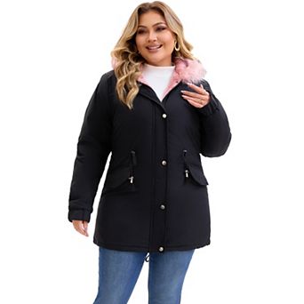 Women's Plus Size Parka Jacket Faux Fur Hood Drawstring Waist Fleece Lined Zipper Winter Coat