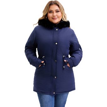 Women's Plus Size Parka Jacket Faux Fur Hood Drawstring Waist Fleece Lined Zipper Winter Coat