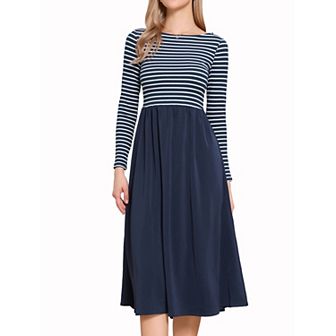 Crew Neck Dress for Women Striped Patchwork Long Sleeves A-Line Dress