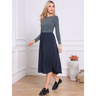Crew Neck Dress for Women Striped Patchwork Long Sleeves A-Line Dress