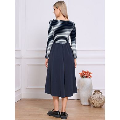 Crew Neck Dress for Women Striped Patchwork Long Sleeves A-Line Dress
