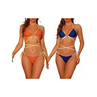 2 Sets Women's Heart Ring Halter Bikini Sets, Contrast Color Push Up Lace Up Ribbed Swimwear