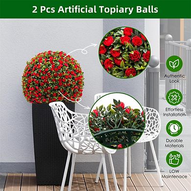 21.6"Artificial Topiary Flower Balls, Set of 2 Decorative Topiary Balls Hanging Grass Ball,Red