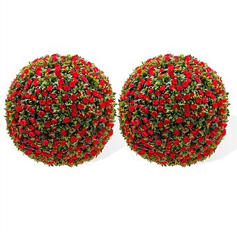 21.6"Artificial Topiary Flower Balls, Set of 2 Decorative Topiary Balls Hanging Grass Ball,Red