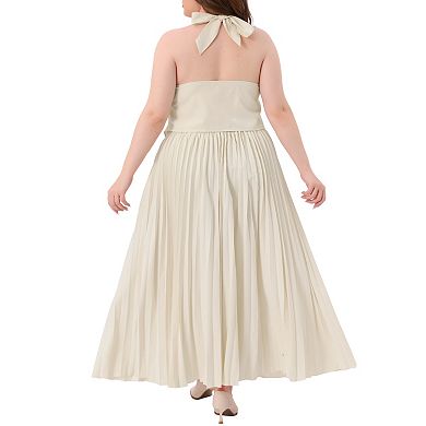 Women's Plus Size 2Pcs Halter Backless Top and Pleated Maxi Skirt Set Suit Outfit Elegant Night Out