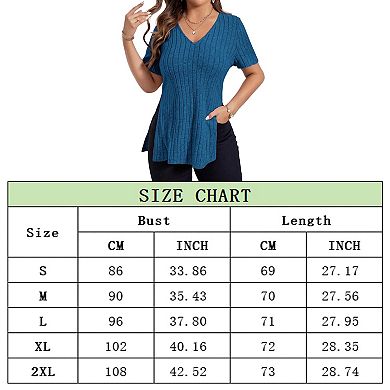 Womens Ribbed V Neck Tops Short Sleeve Side Split Summer Solid Blouse Pullover Tops