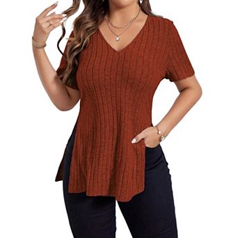 Womens Ribbed V Neck Tops Short Sleeve Side Split Summer Solid Blouse Pullover Tops