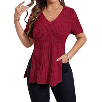 Womens Ribbed V Neck Tops Short Sleeve Side Split Summer Solid Blouse Pullover Tops