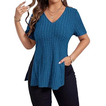 Womens Ribbed V Neck Tops Short Sleeve Side Split Summer Solid Blouse Pullover Tops