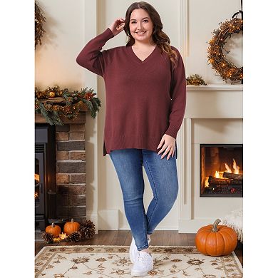 Plus Size Sweater for Women V Neck Long Sleeve Pullover Slit Hem Knit Fall Winter Blouse