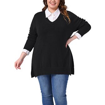 Plus Size Sweater for Women V Neck Long Sleeve Pullover Slit Hem Knit Fall Winter Blouse