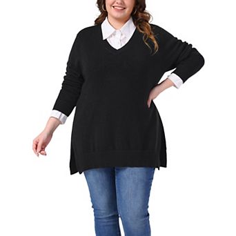 Plus Size Sweater for Women V Neck Long Sleeve Pullover Slit Hem Knit Fall Winter Blouse
