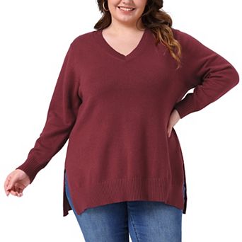 Plus Size Sweater for Women V Neck Long Sleeve Pullover Slit Hem Knit Fall Winter Blouse