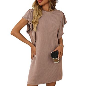 Womens Mini Dress Crew Neck Ruched Sleeve Striped Tee Shirt Dress Fashion Casual Tshirt Dress
