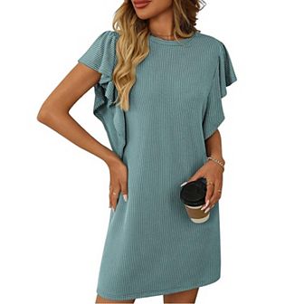 Womens Mini Dress Crew Neck Ruched Sleeve Striped Tee Shirt Dress Fashion Casual Tshirt Dress