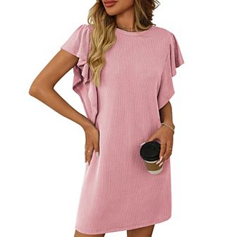 Womens Mini Dress Crew Neck Ruched Sleeve Striped Tee Shirt Dress Fashion Casual Tshirt Dress