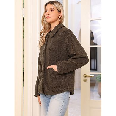 Faux Fur Jacket for Women's Peter Pan Collar Button Down Winter Warm Fuzzy Coat