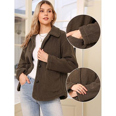Faux Fur Jacket for Women's Peter Pan Collar Button Down Winter Warm Fuzzy Coat