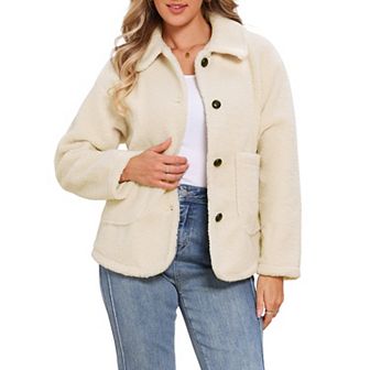 Faux Fur Jacket for Women's Peter Pan Collar Button Down Winter Warm Fuzzy Coat