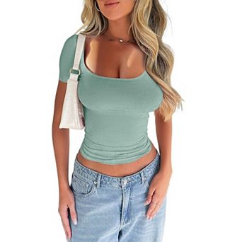 Women Tshirts Double Lined Going Out Crop Tops Workout Y2k Clothes Beach Fashion Shirt