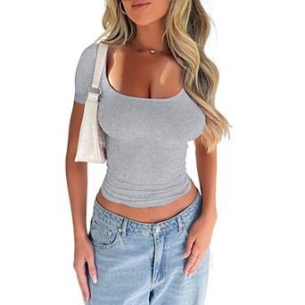 Women Tshirts Double Lined Going Out Crop Tops Workout Y2k Clothes Beach Fashion Shirt