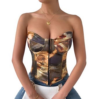 Women's Strapless Flloral Print Bustier Corset Top Asymmetrical Hem Crop Tops Boned Tube Top
