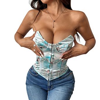Women's Strapless Flloral Print Bustier Corset Top Asymmetrical Hem Crop Tops Boned Tube Top
