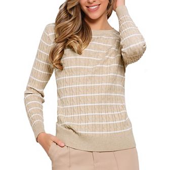 Casual Sweater for Women's Striped Round Neck Ribbed Work Fall Winter Trendy Sweaters