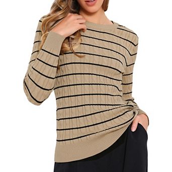 Casual Sweater for Women's Striped Round Neck Ribbed Work Fall Winter Trendy Sweaters